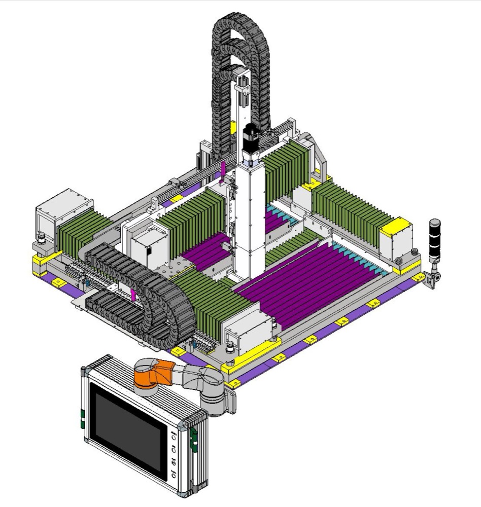 Detail view of 5-axis CNC shot peening machine showing nozzle positioning system and turbine blade fixture