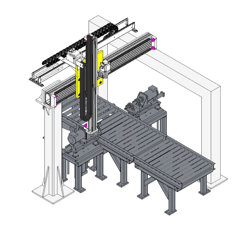 Linear gantry robot with dual Z-axis servicing multiple CNC machines for automated material handling and machine tending